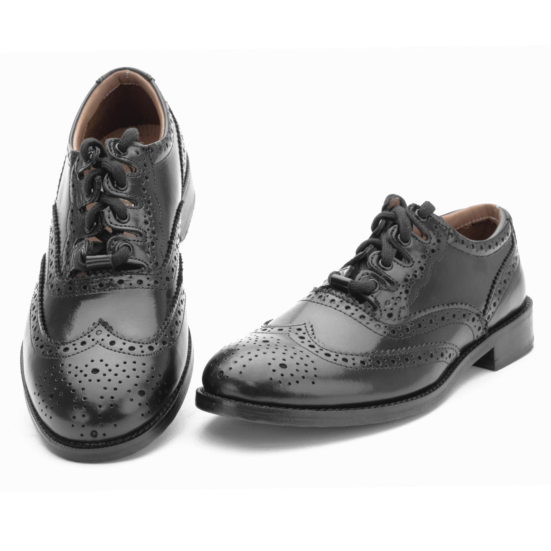 Black leather Goodyear welted ghillie brogue with Italian leather upper, padded leather lining, steel quarter tip heel, and long laces.