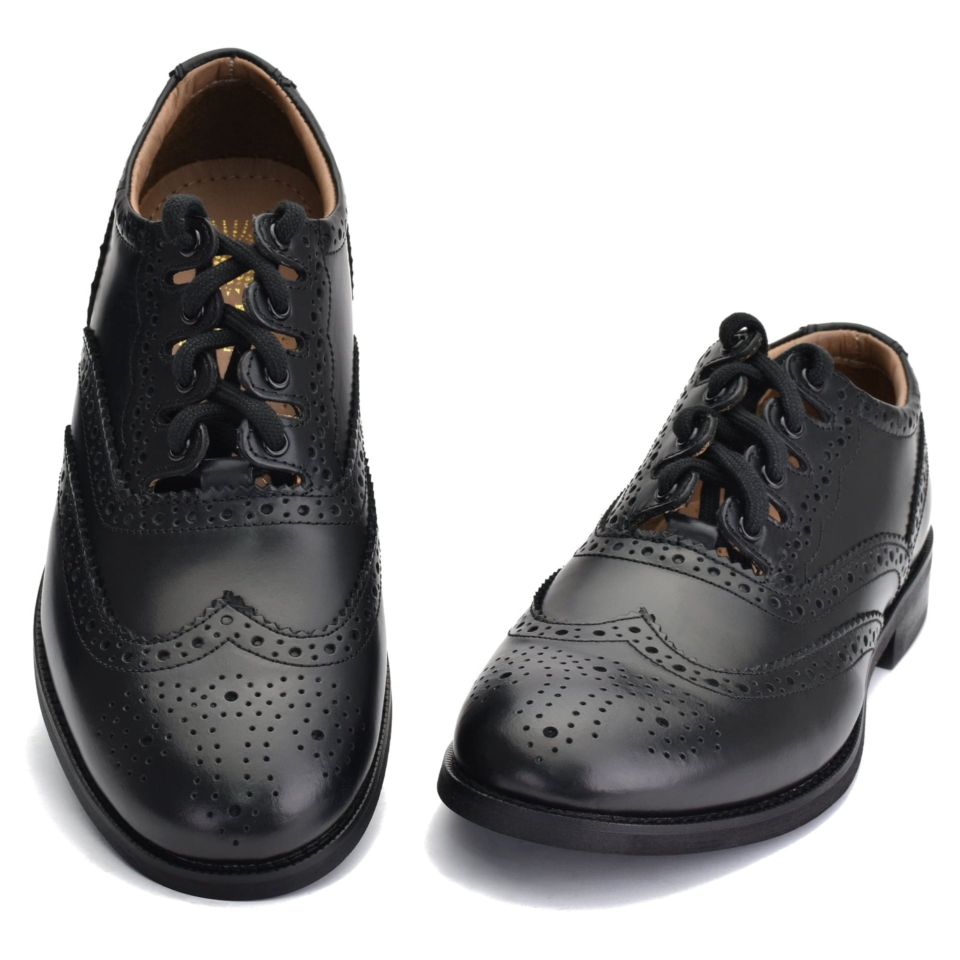 Black leather Economy Ghillie Brogue with perforated brogue detailing, long wraparound laces, and a full rubber sole for flexibility and comfort.