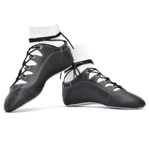 Black leather highland dance pumps with cross-lace eyelets, straight-lasted sole and shock-absorbing insole — handcrafted in Scotland for precise performance.