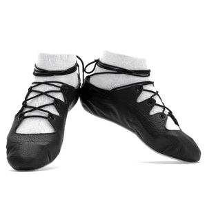 Black leather Iona Highland dance pump with 3-finger lace system, no front seam or loop, extra ankle eyelet, straight-lasted construction, and NOENE® shock-absorbing insole.