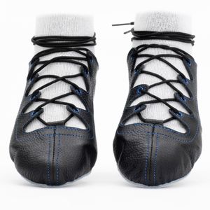Black leather Glenshee Blue Highland dance pumps with blue stitching, 4-finger lace system, front seam with loop, extra ankle eyelet, shock-absorbing insoles, and flexible chrome suede sole.