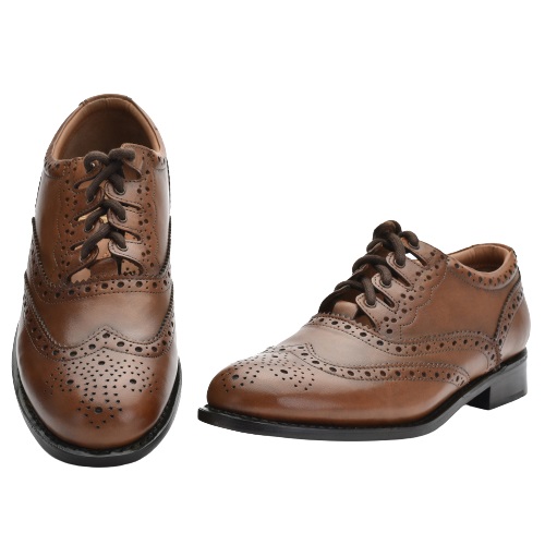 Brown leather executive ghillie brogue with traditional brogue detailing, Blake-stitched leather sole, and long laces wrapped around the calf.
