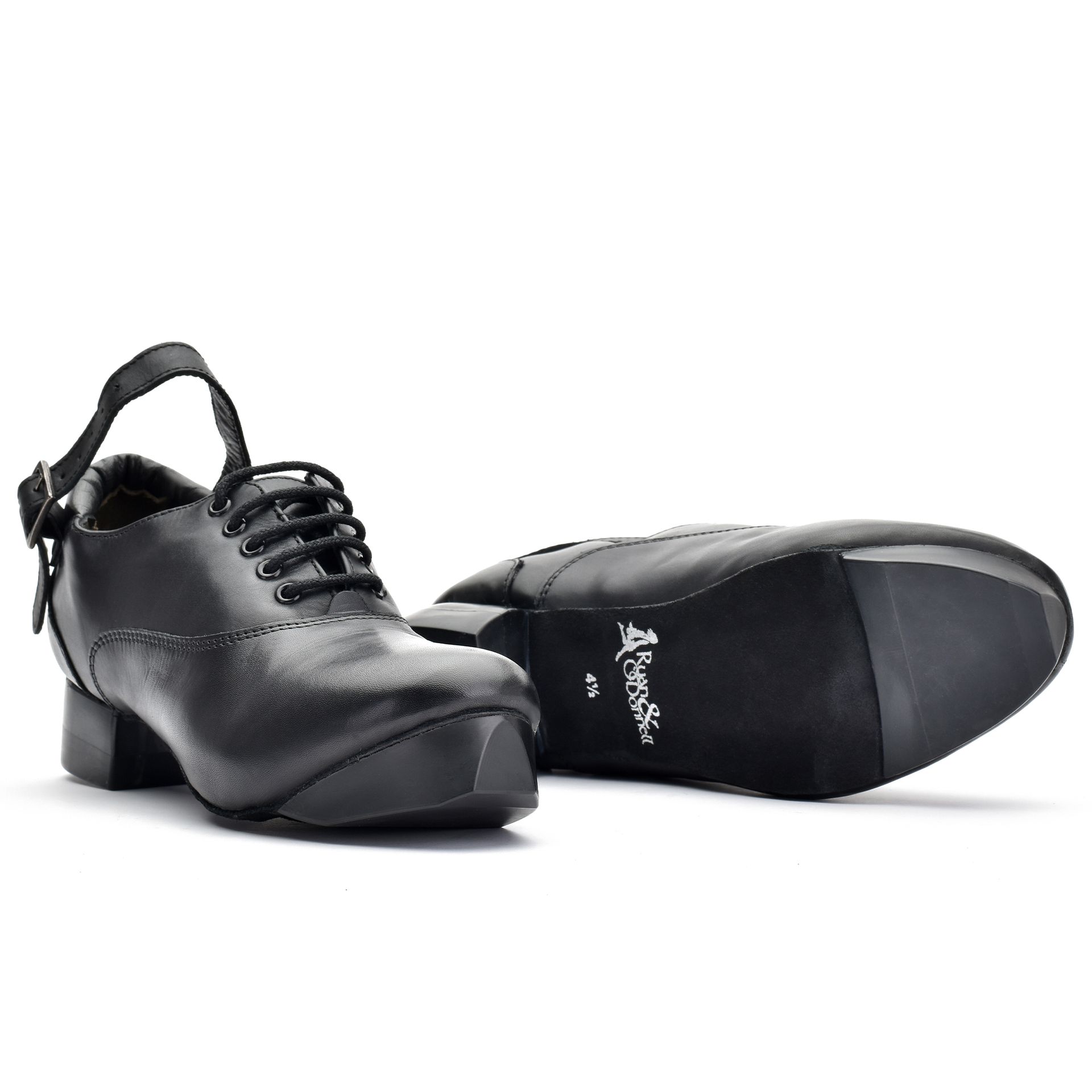 Black leather Irish dance hard shoe with 5-eyelet lace-up design, padded heel collar, and lightweight construction featuring advanced honeycomb-moulded heel and toe tips.