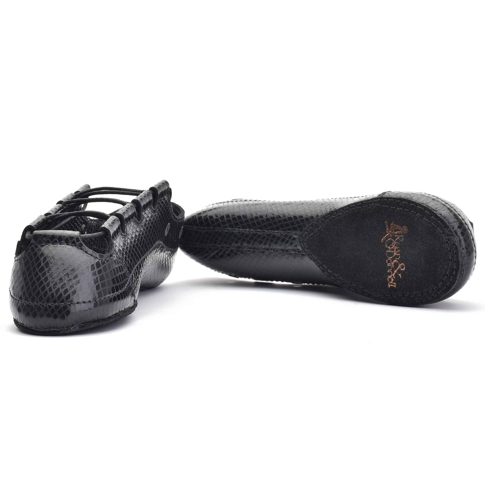 Black leather Irish dance pumps with a striking diamond print pattern, featuring a gel-cushioned insole and Noene toe protection for enhanced comfort and durability.
