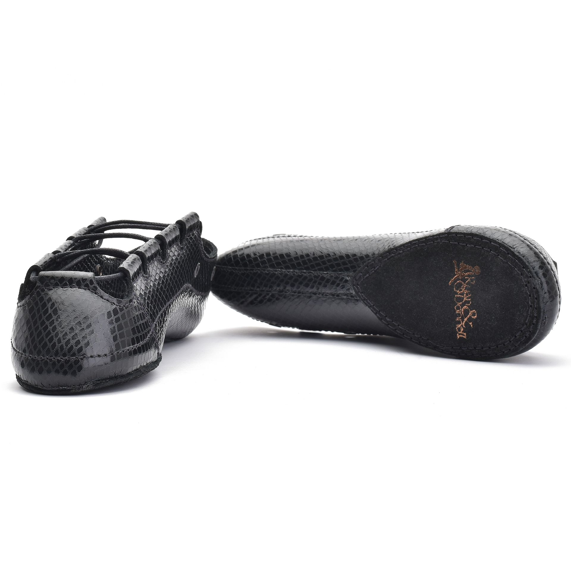 Black leather Irish dance pumps with a striking diamond print pattern, featuring a gel-cushioned insole and Noene toe protection for enhanced comfort and durability.