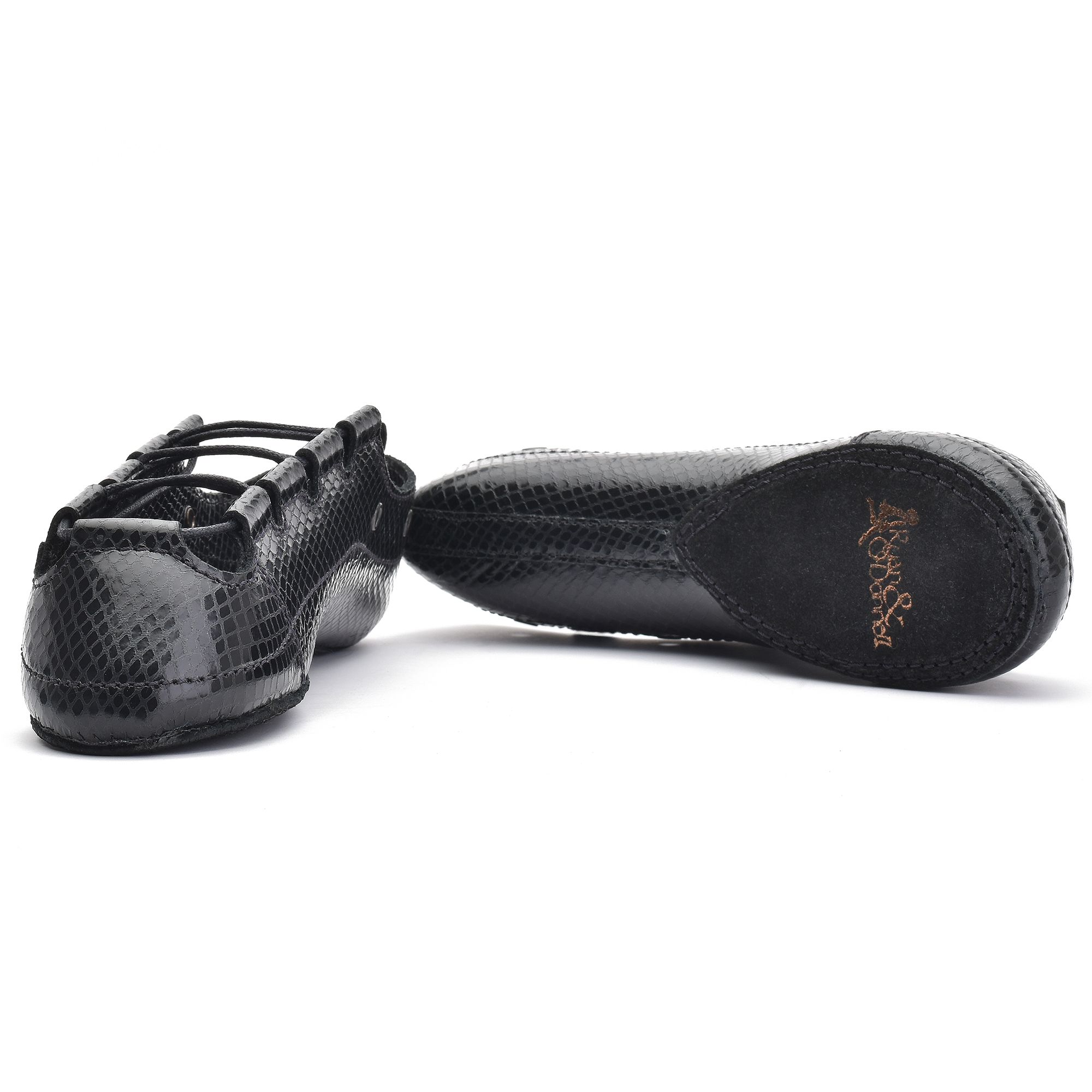 Black leather Irish dance pumps with a striking diamond print pattern, featuring a gel-cushioned insole and Noene toe protection for enhanced comfort and durability.
