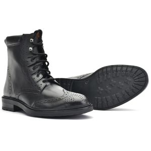 Black leather Ghillie Boot with perforated brogue detailing, long wraparound laces, padded leather cuff, and a rugged rubber commando sole.