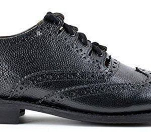 Black leather Goodyear welted ghillie brogue with traditional brogue detailing, long laces, and a Blake-stitched leather sole.