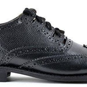 Black leather Goodyear welted ghillie brogue with traditional brogue detailing, long laces, and a Blake-stitched leather sole.