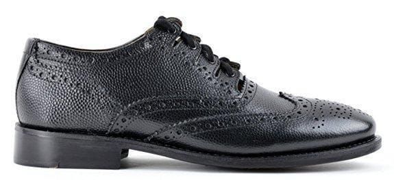 Black leather Goodyear welted ghillie brogue with traditional brogue detailing, long laces, and a Blake-stitched leather sole.
